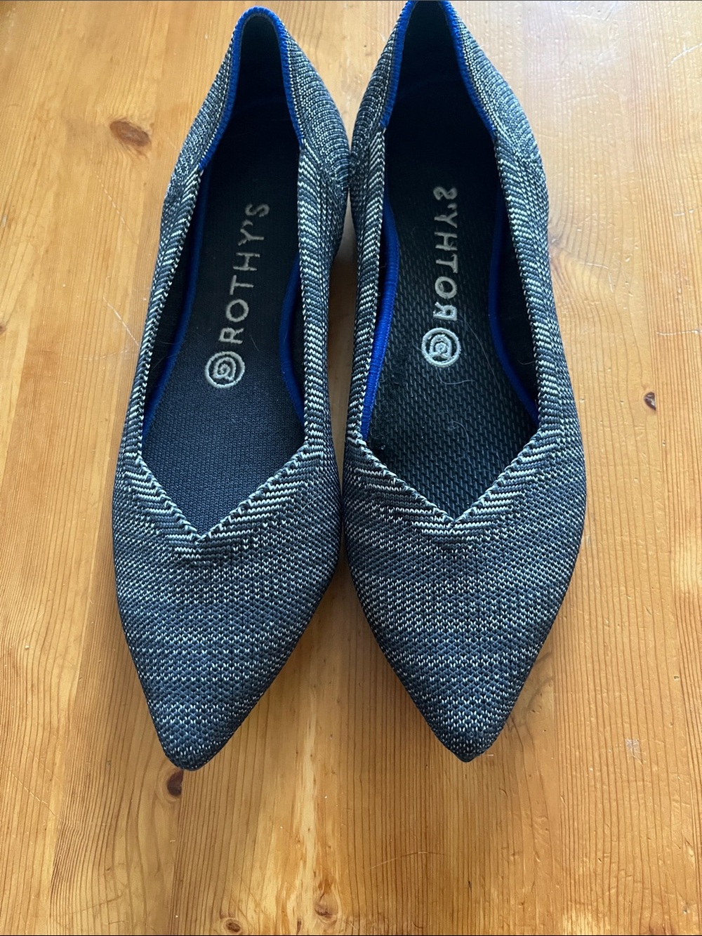Rothy's Pointed Knit Flats in Black and White Herringbone